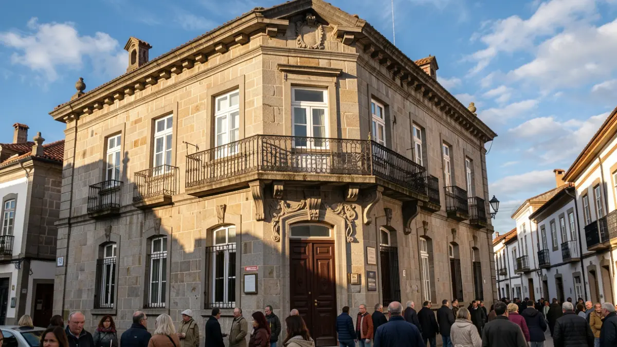 Imaxe xenérica dunha fachada de concello galego de granito con balcón ornamentado e raís de ferro, baixo a luz do sol da tarde.
