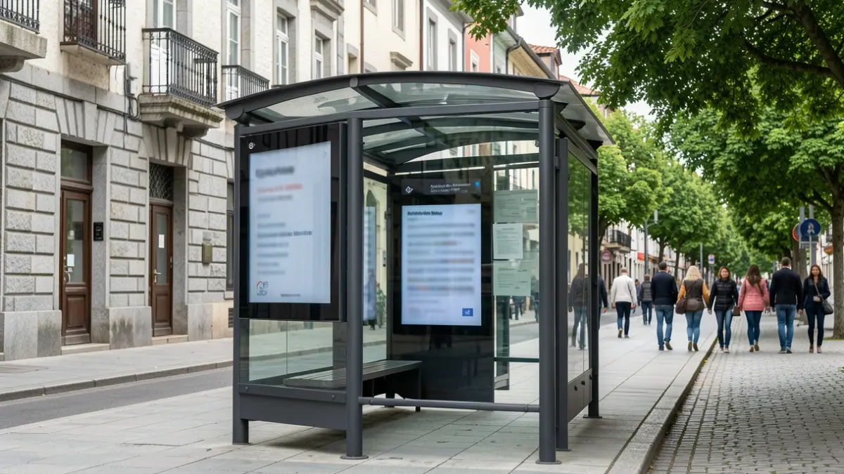 Imaxe xenérica dunha parada de autobús moderna con paneis dixitais e arquitectura galega ao fondo.