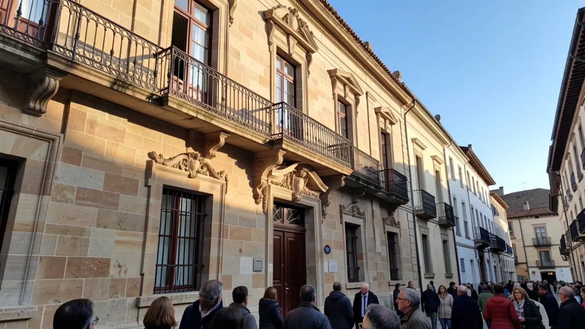 Imagen genérica de una fachada de ayuntamiento de piedra con balcón ornamentado y rejas de hierro, cálida luz de la tarde proyectando sombras en las paredes de arenisca, cielo azul, estilo fotográfico documental.