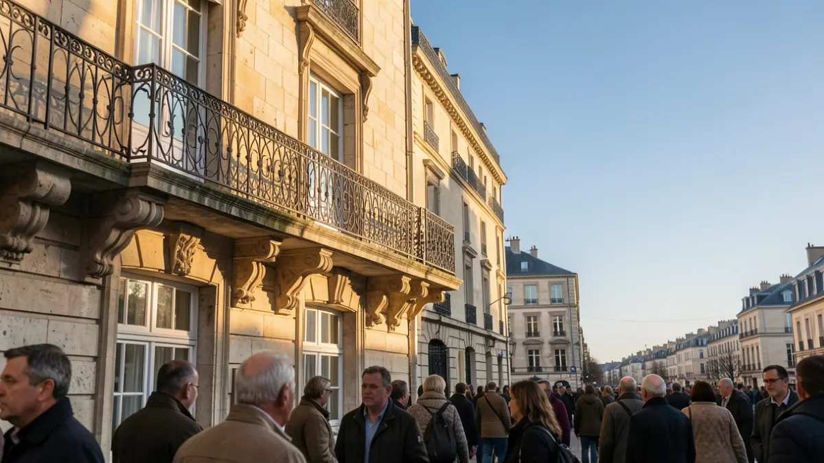 Generic image of a stone building facade with an ornate balcony and iron railings, bathed in warm afternoon sunlight under a blue sky.