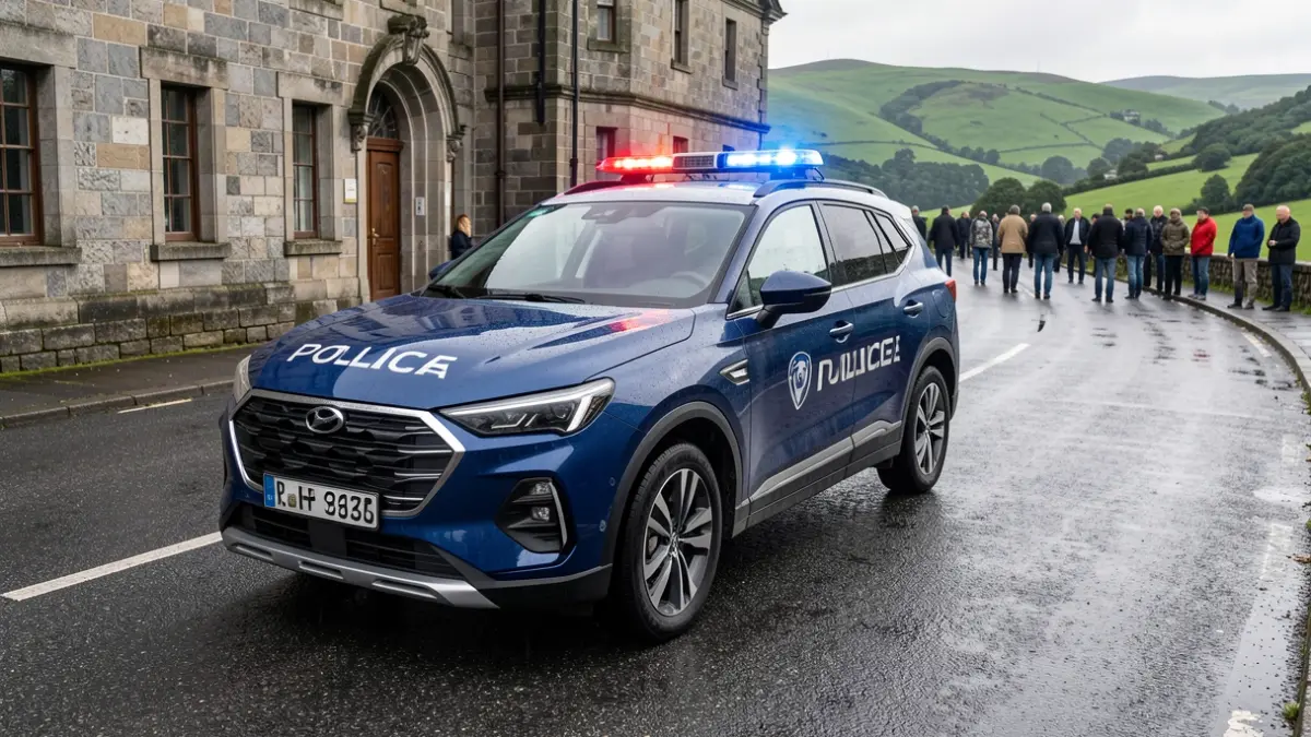 Imaxe xenérica dun vehículo policial híbrido tipo SUV en Galicia, con arquitectura de granito e outeiros ao fondo.