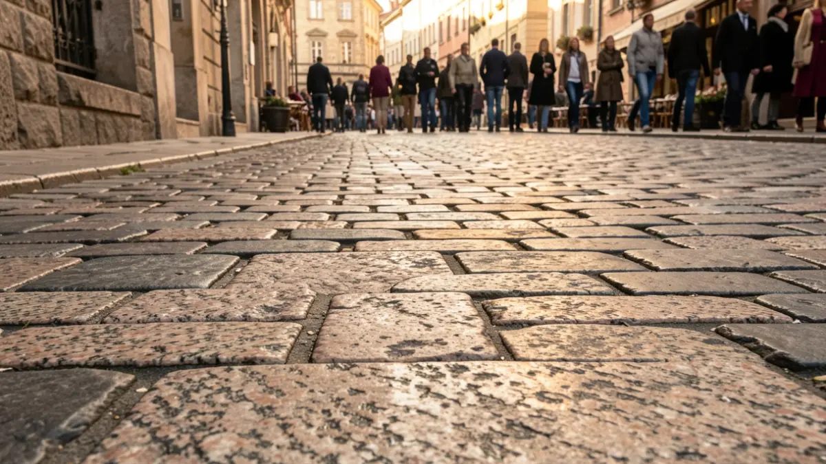 Generic image of granite tiles and cobblestones on a historic street, showing detailed stone texture.