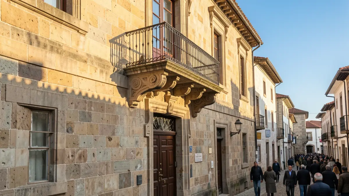 Imaxe xenérica dunha fachada de casa consistorial galega de pedra con balcón ornamentado e reixas de ferro, baixo a luz do sol da tarde.