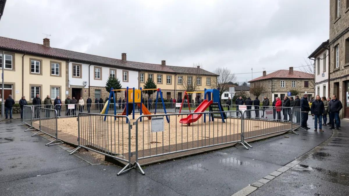 Generic image of a schoolyard with temporary barriers and an overcast sky.