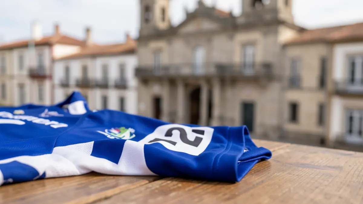 Primeiro plano dunha camisola de ciclismo co número 12 na manga, sobre unha mesa de madeira, co Concello de Ortigueira desenfocado ao fondo.