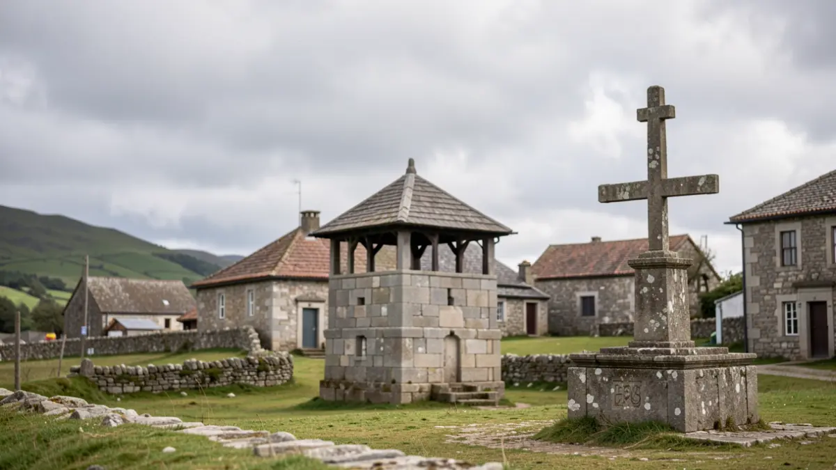 Imaxe xenérica dun concello rural galego con arquitectura de granito, hórreo e cruceiro baixo un ceo nubrado.