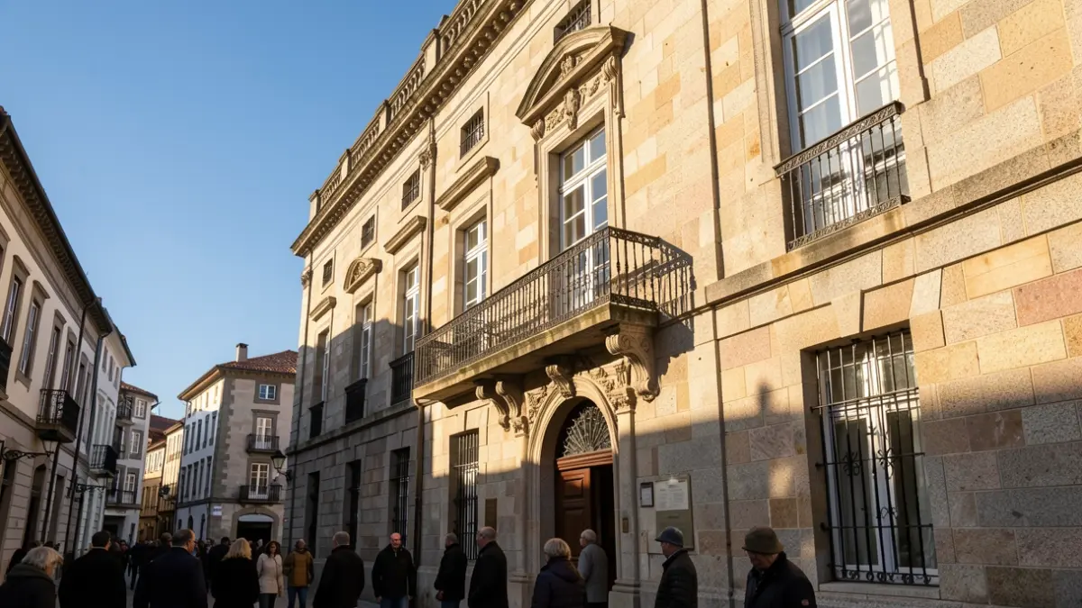 Imaxe xenérica dunha fachada de concello galego de granito con balcón ornamentado e varandas de ferro, baixo a luz cálida do sol da tarde.