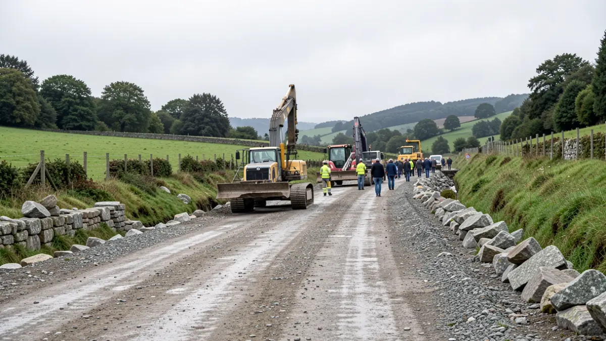 Imagen genérica de obras en un camino rural gallego con maquinaria.