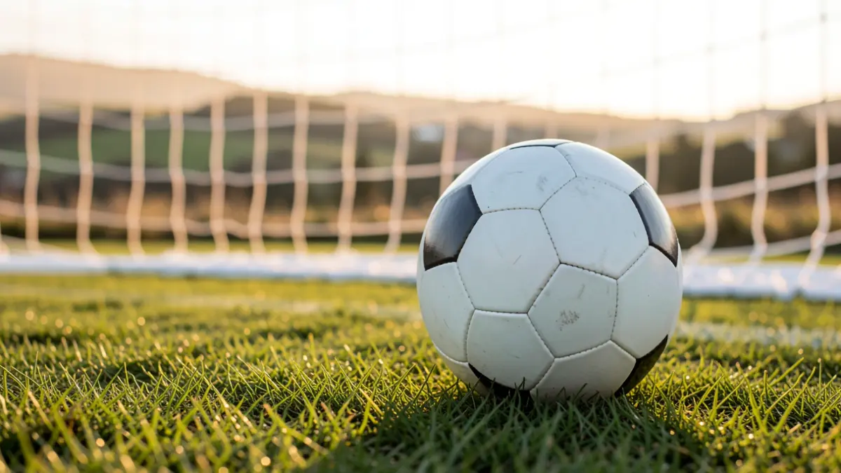 Imaxe xenérica dun balón de fútbol sobre herba cunha rede de portería desenfocada ao fondo.