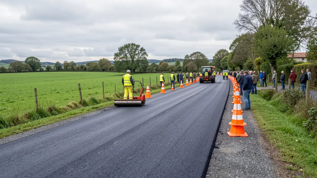 Imaxe xenérica de obras de asfaltado nunha estrada rural galega con operarios e barreiras de seguridade.