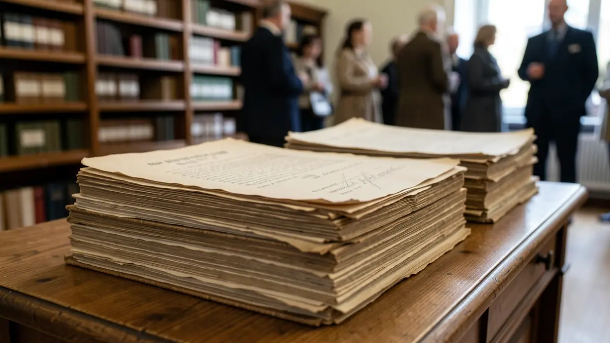 Imaxe xenérica de documentos históricos antigos e papeis administrativos apilados nunha mesa de madeira, cun arquivo municipal desfocado ao fondo.