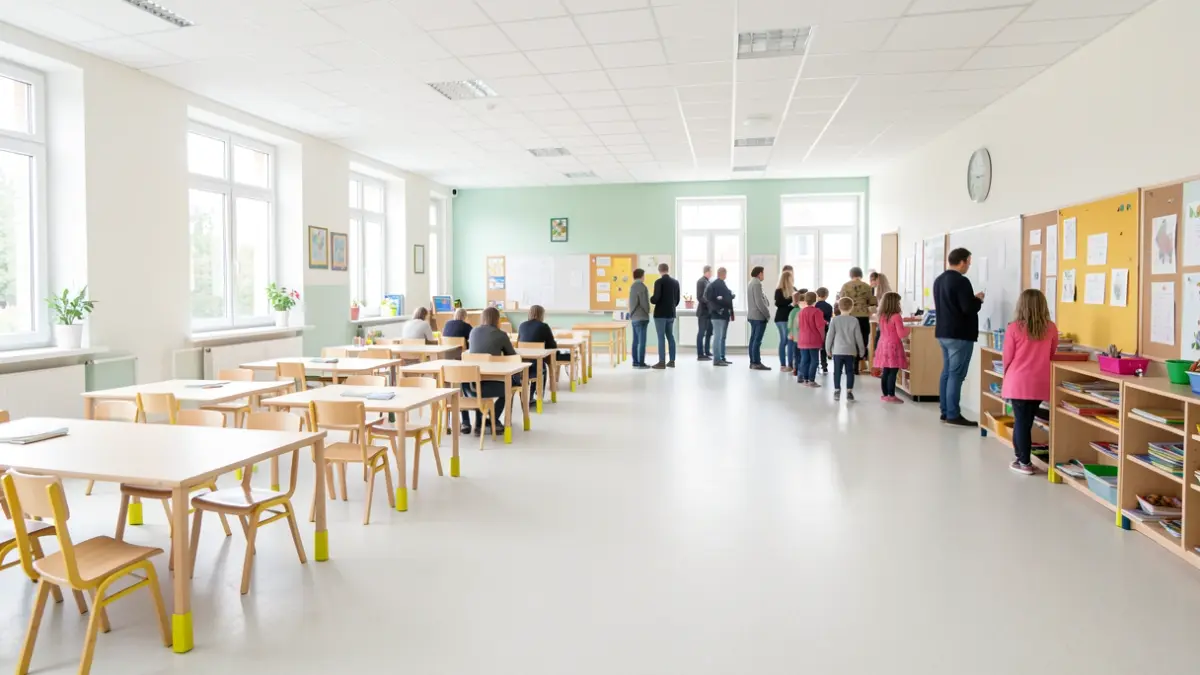 Imaxe xenérica dunha escola infantil con paredes e teitos recén pintados, chan de tarima flotante e proteccións de seguridade.