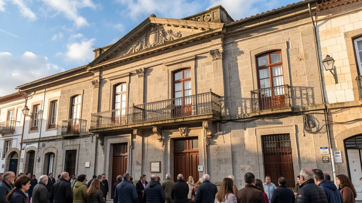 Generic image of a Galician town hall facade made of granite with a balcony and iron railings, under the afternoon sunlight.