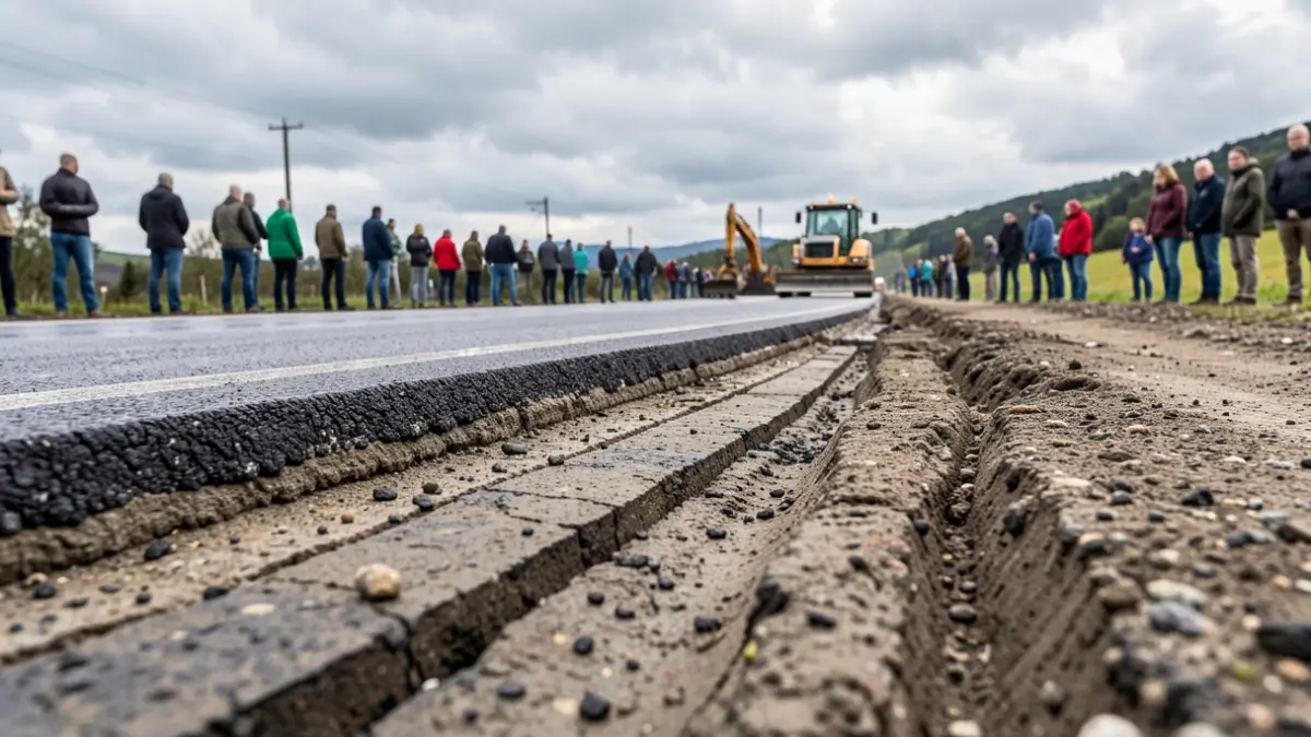 Imagen genérica: mostrando diferentes capas de asfalto y maquinaria de construcción.