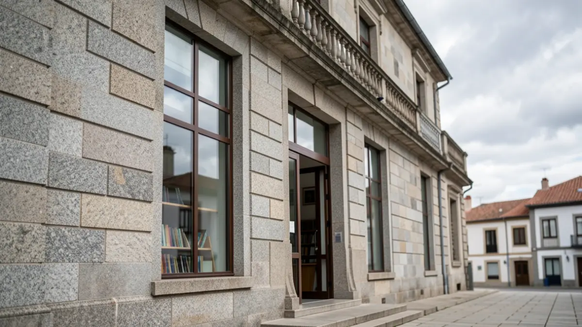 Imagen de un edificio institucional en Galicia con detalles de granito.