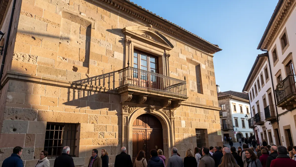 Imaxe xenérica dunha casa consistorial tradicional de pedra en Galicia, con balcón ornamentado e reixas de ferro. Luz cálida da tarde proxecta sombras nas paredes de arenito. Ceo azul.