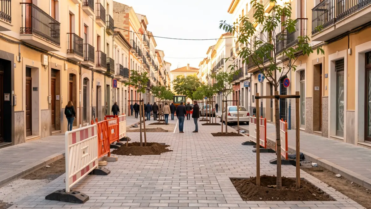 Imaxe xenérica de obras de renovación urbana nun barrio, con barreiras de construción e árbores novas.