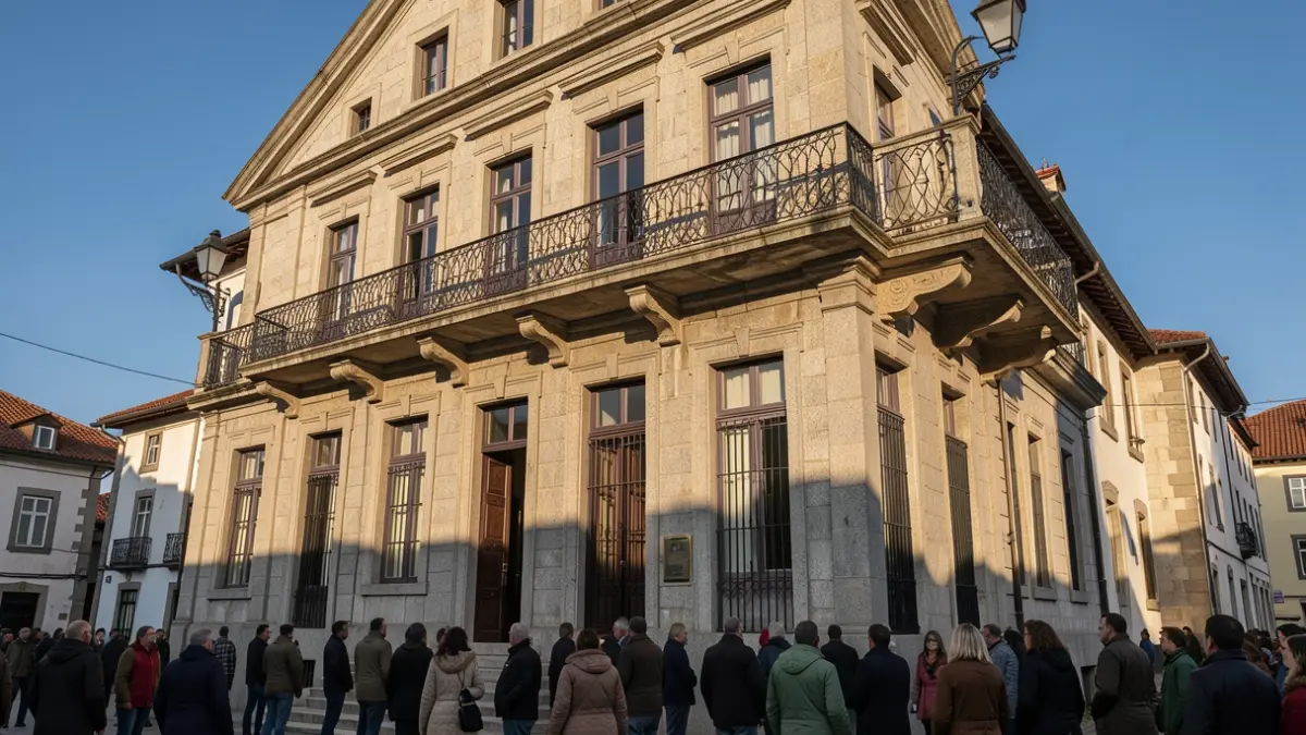 Imagen genérica de una fachada de ayuntamiento gallego de granito con balcón ornamentado y cielo azul.