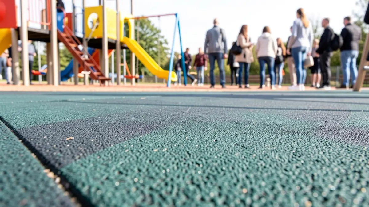Imaxe dunha nova superficie de caucho instalada nun parque infantil.