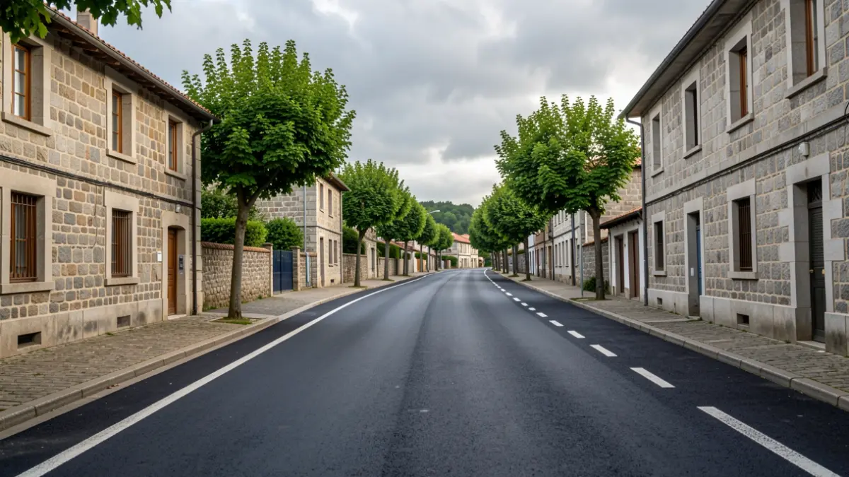 Imaxe xenérica dunha rúa residencial en Galicia con edificios de granito e árbores.