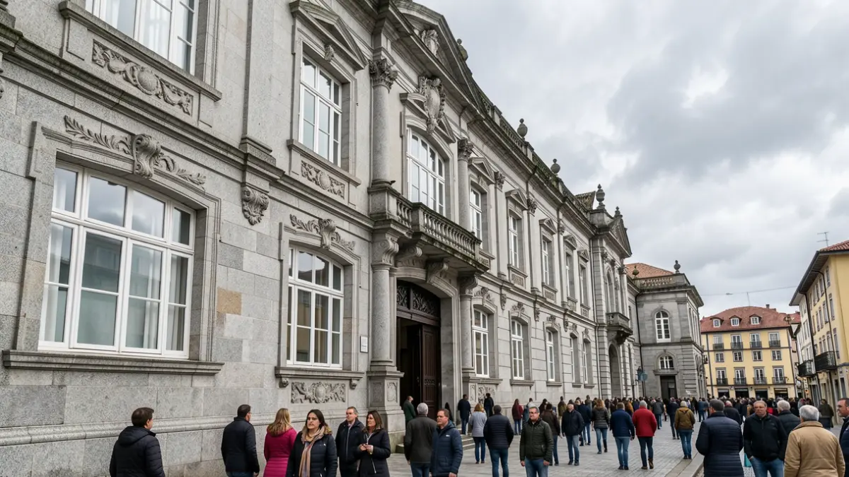Fachada de granito do edificio do Consello Consultivo de Galicia en Santiago de Compostela, baixo un ceo nubrado.