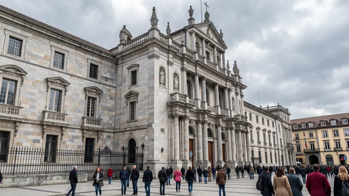 Imaxe xenérica: con arquitectura de granito baixo un ceo anubrado.