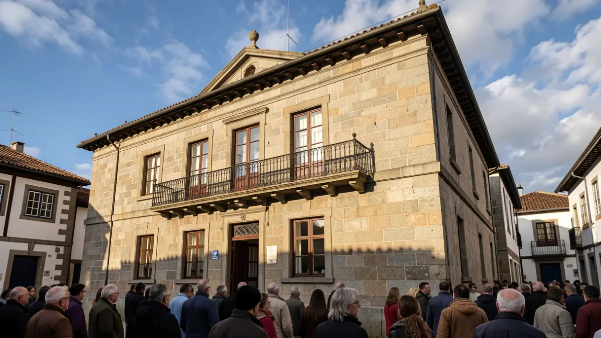 Fachada de un ayuntamiento tradicional gallego de granito con balcón ornamentado y barandillas de hierro, bajo la cálida luz del sol de la tarde.