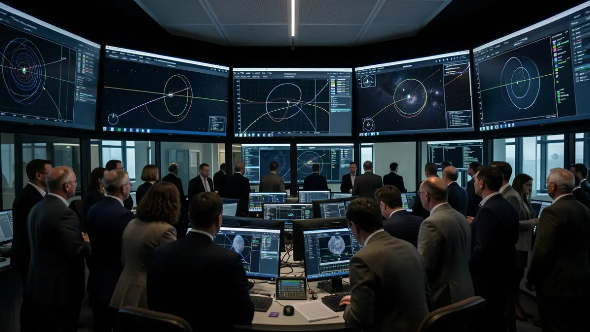 Generic image of a space operations center with satellite tracking screens.