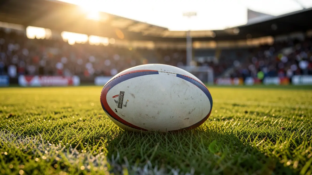 Imaxe xenérica dun balón de rugby sobre herba verde cun estadio difuminado ao fondo.
