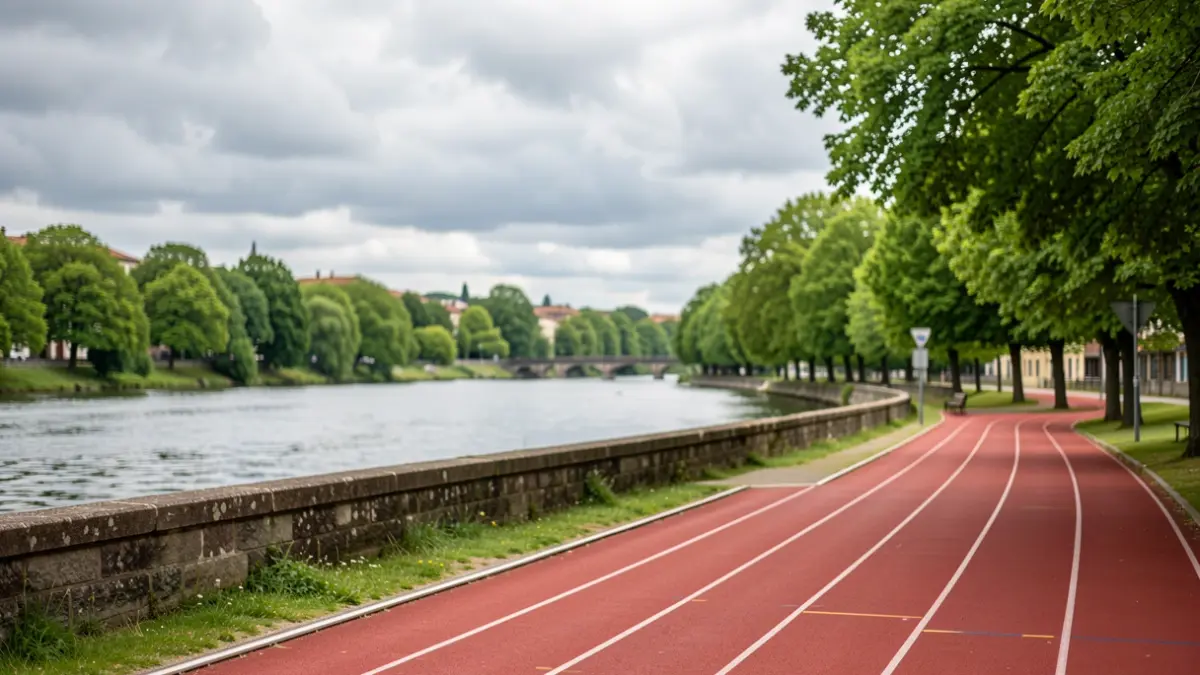 Generic image of an athletic race in a park with a river and trees.