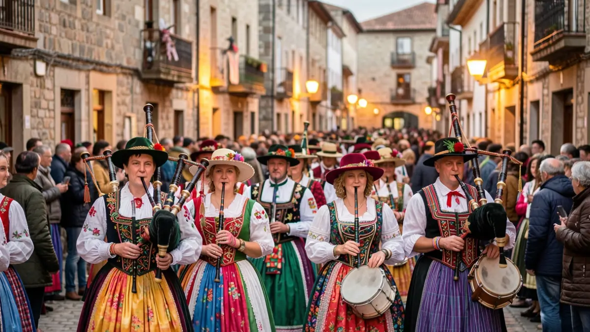 Imagen de una calle de Lugo durante una fiesta tradicional gallega, con gente vestida con trajes típicos e instrumentos musicales.