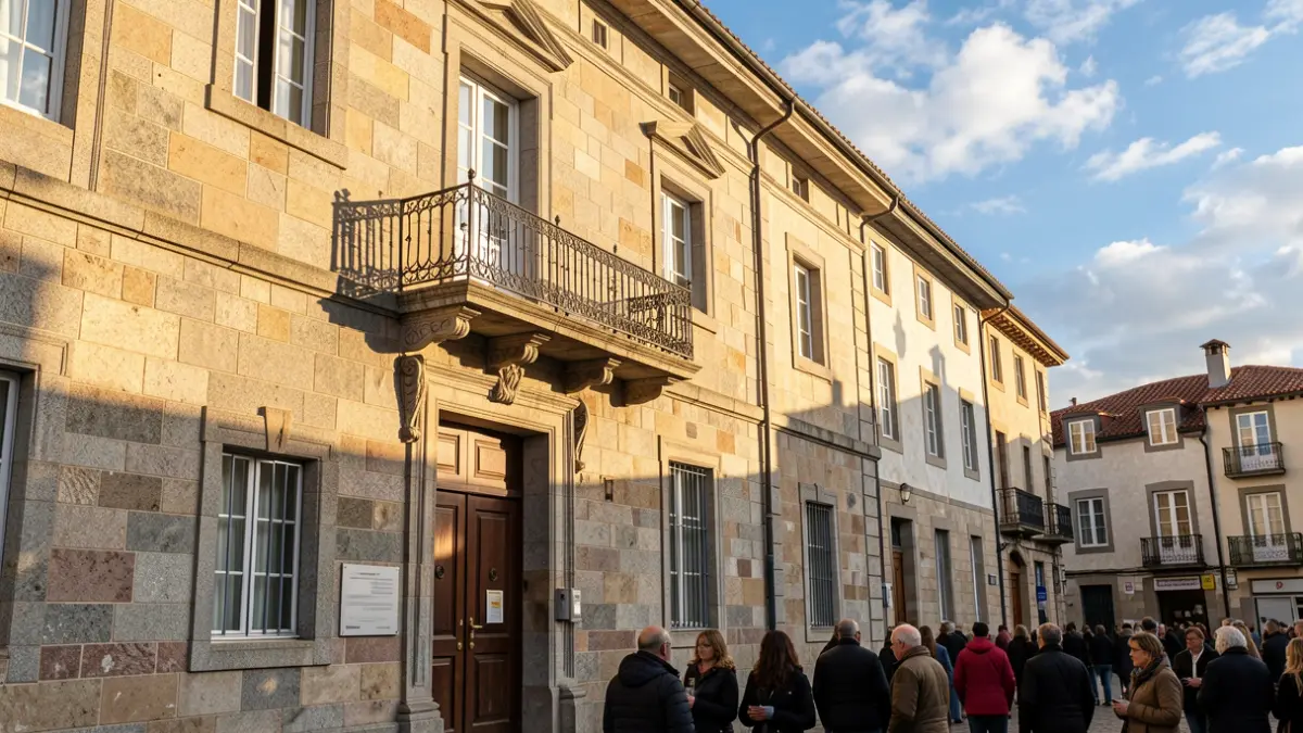 Imaxe xenérica dunha casa consistorial galega de granito con balcón ornamentado e ceo azul.