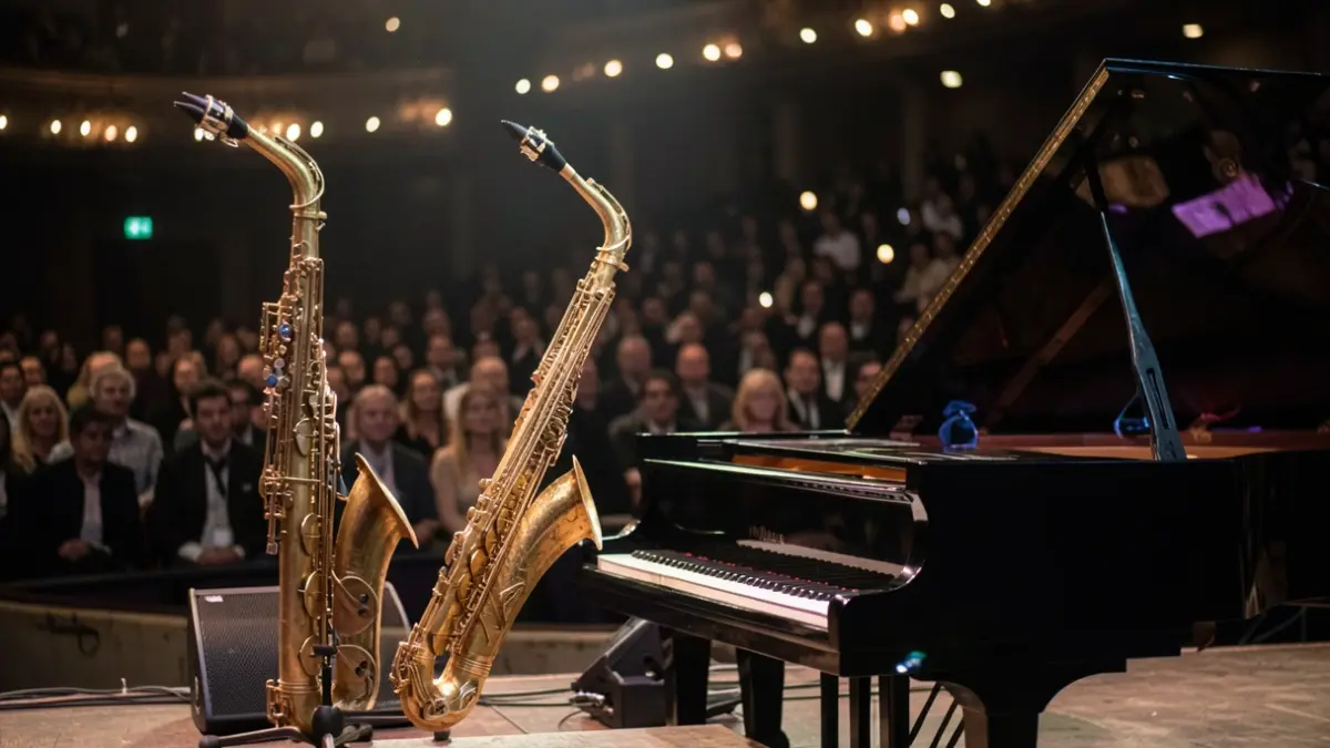 Imaxe xenérica dun saxofón e un teclado de piano nun escenario con pouca luz e luces de público difuminadas.