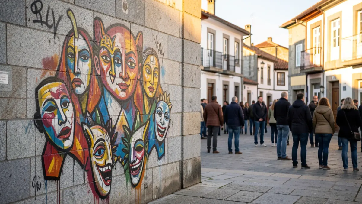 Imaxe dun mural de arte urbana con máscaras teatrais nunha praza de Galicia.