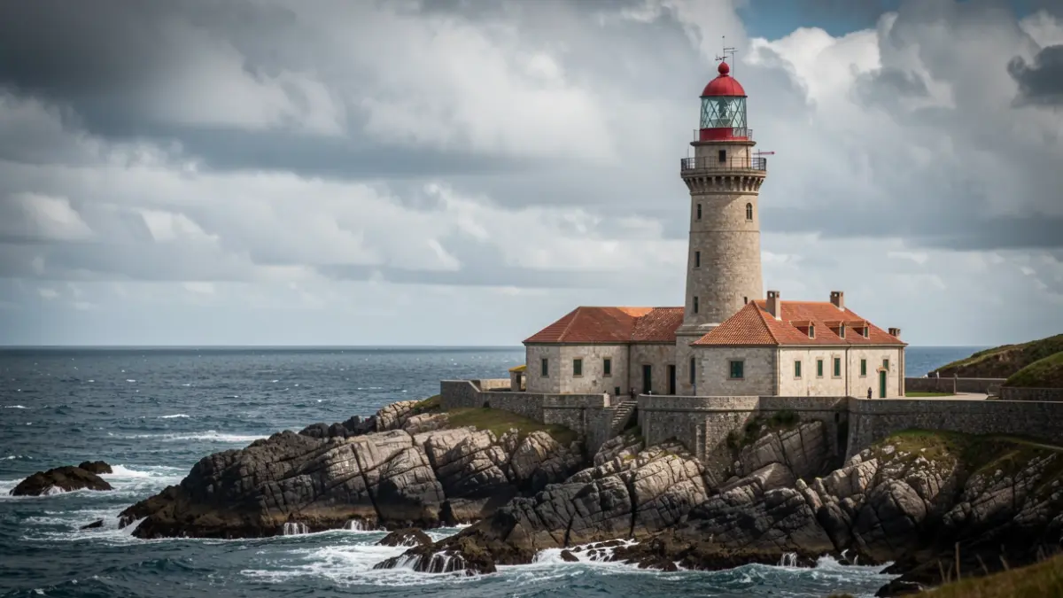 Imaxe xenérica dun faro na costa galega con mar e nubes.