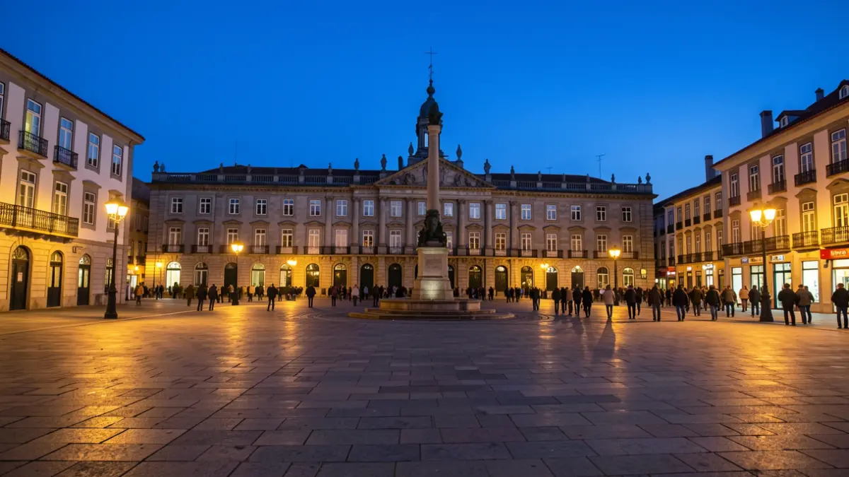 Imaxe xenérica da praza de María Pita na Coruña ao anoitecer, co Concello iluminado.