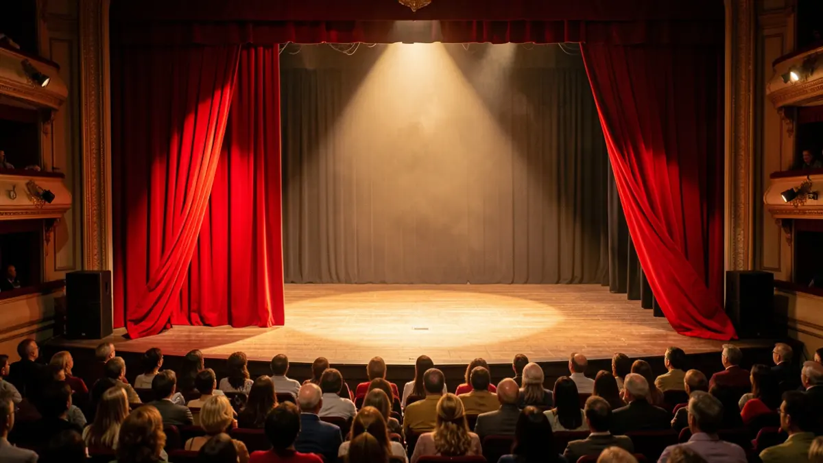 Imaxe xenérica dun escenario de teatro baleiro con focos de luz.