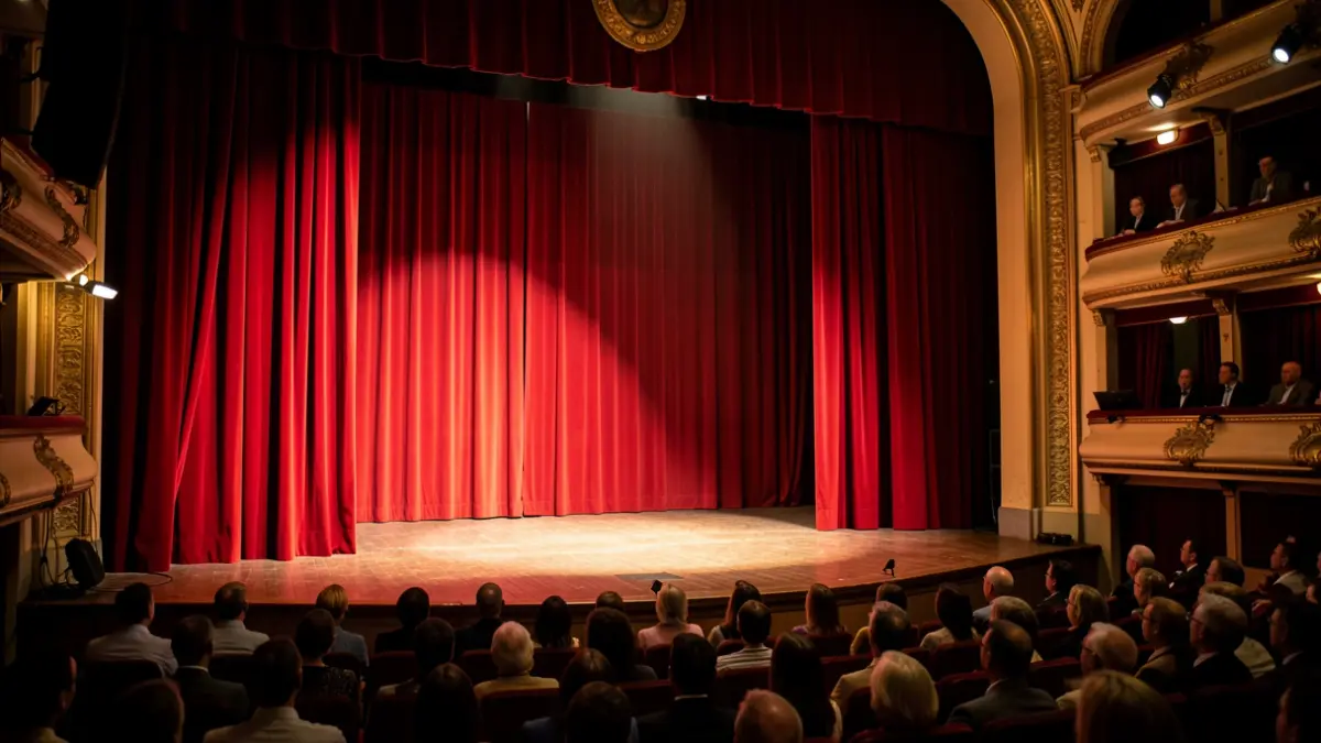 Imagen de un escenario de teatro vacío con cortinas rojas y un foco de luz.