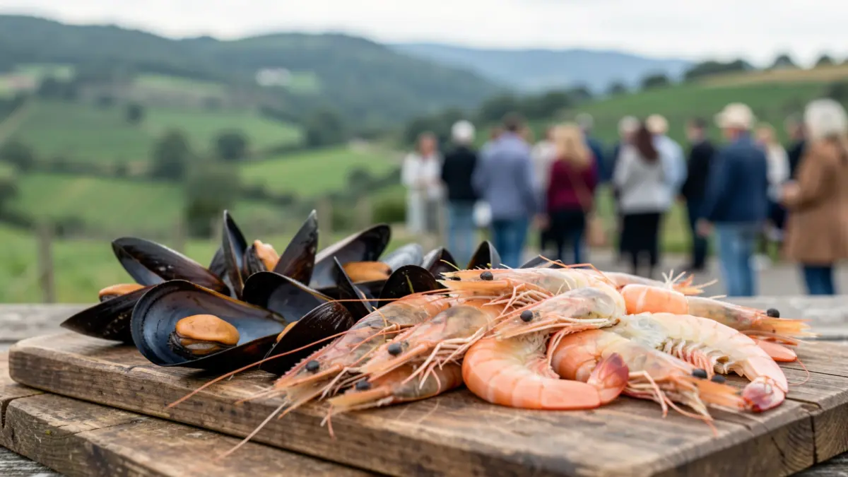 Primer plano de marisco fresco, incluyendo mejillones y gambas, dispuesto en una tabla de madera rústica, con paisaje gallego verde desenfocado al fondo.
