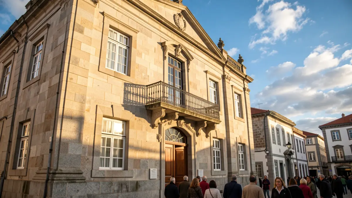 Fachada de un ayuntamiento de granito en A Coruña con balcón y rejas de hierro. Luz solar cálida de la tarde.