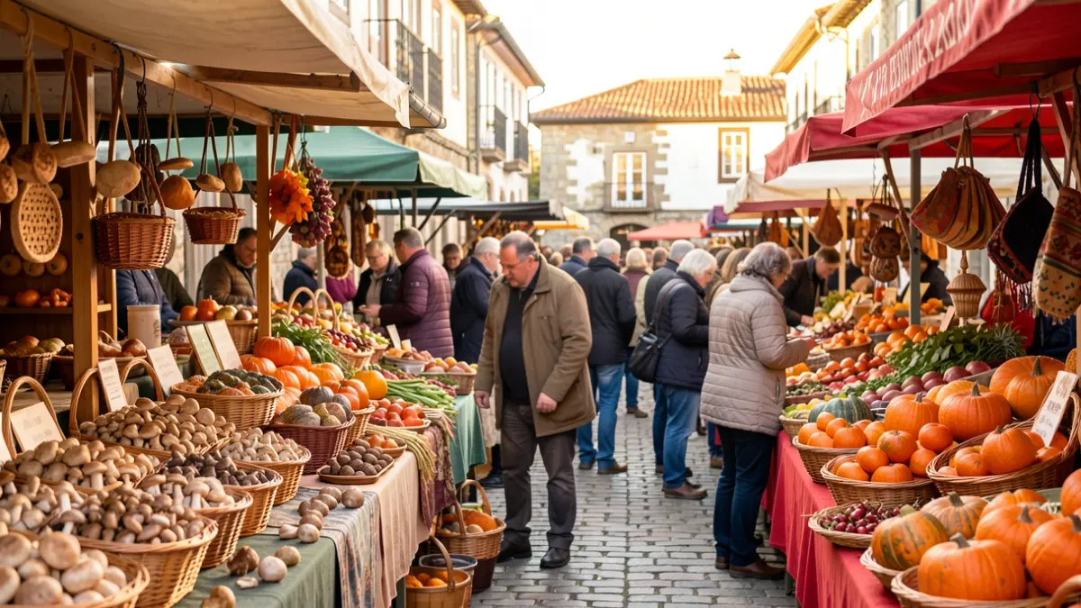 Imaxe xenérica dun mercado de outono en Galicia con postos de produtos de tempada e artesanía.