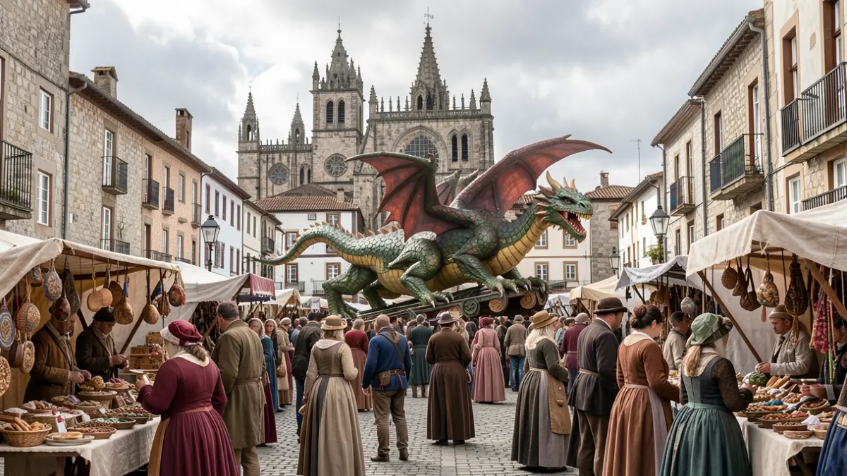 Imagen de un mercado medieval en Lugo con dragón, juglares y puestos de artesanía.