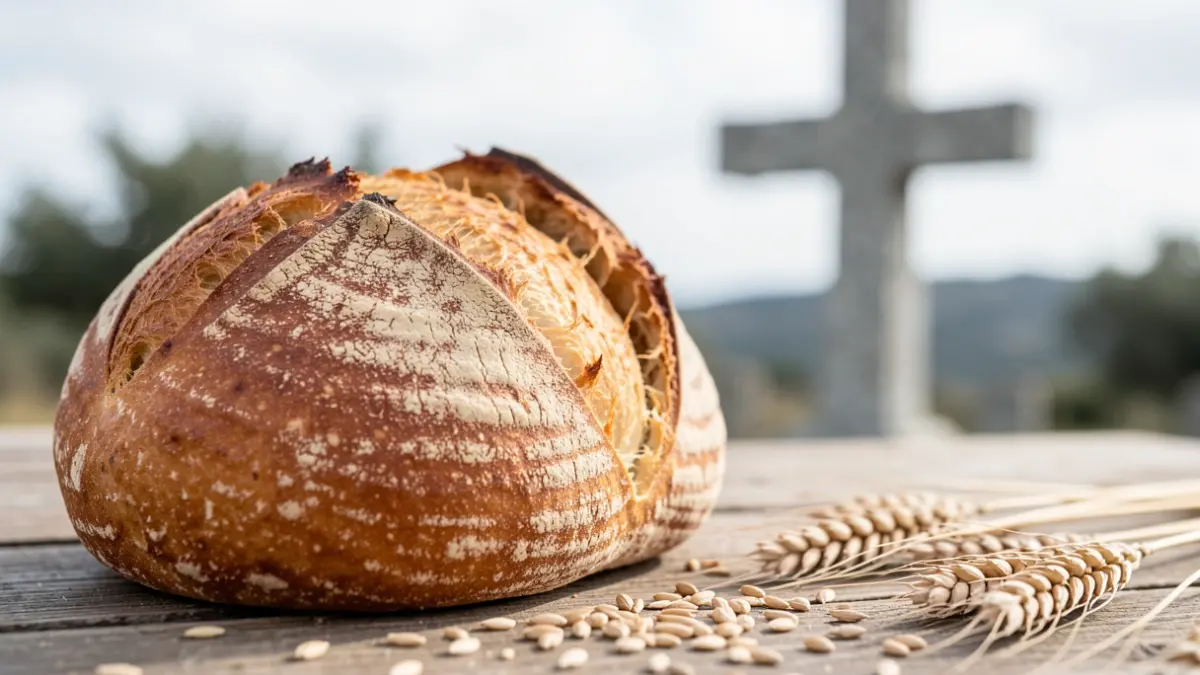 Generic image of a rustic Galician bread loaf on a wooden table with scattered wheat grains and a blurred granite cruceiro in the background.
