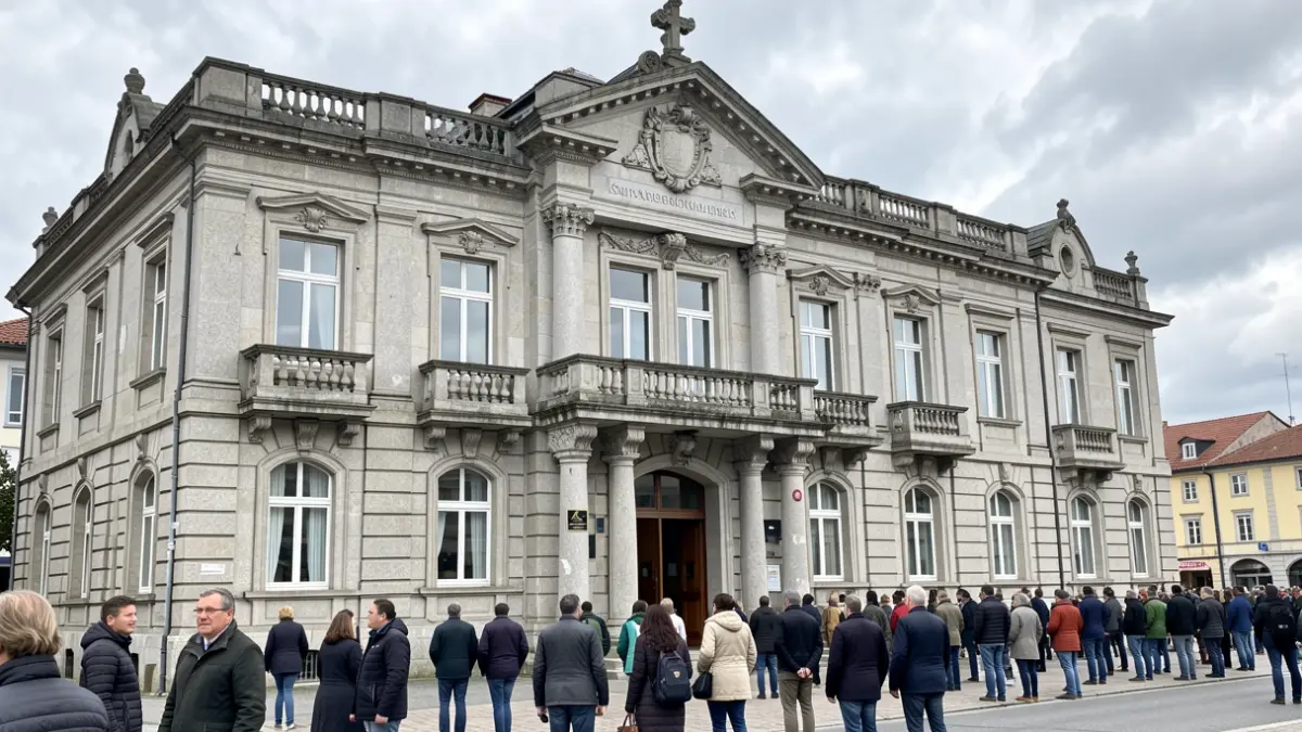 Generic image of a granite institutional building with ornate balconies and large windows, under a cloudy sky.
