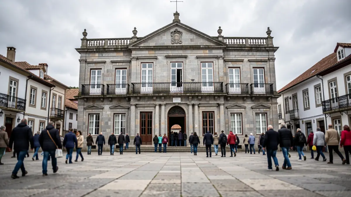 Fachada dun concello galego de granito con balcóns ornamentados e ceo nubrado.