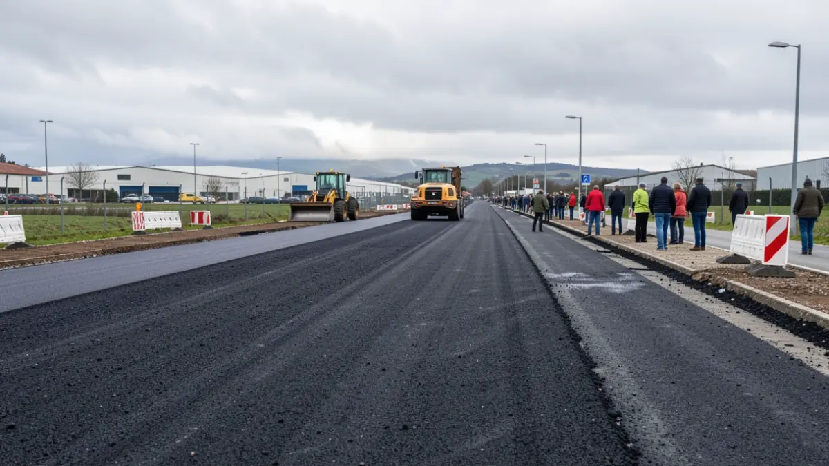 Imaxe xenérica de obras de pavimentación nun polígono industrial galego con maquinaria.