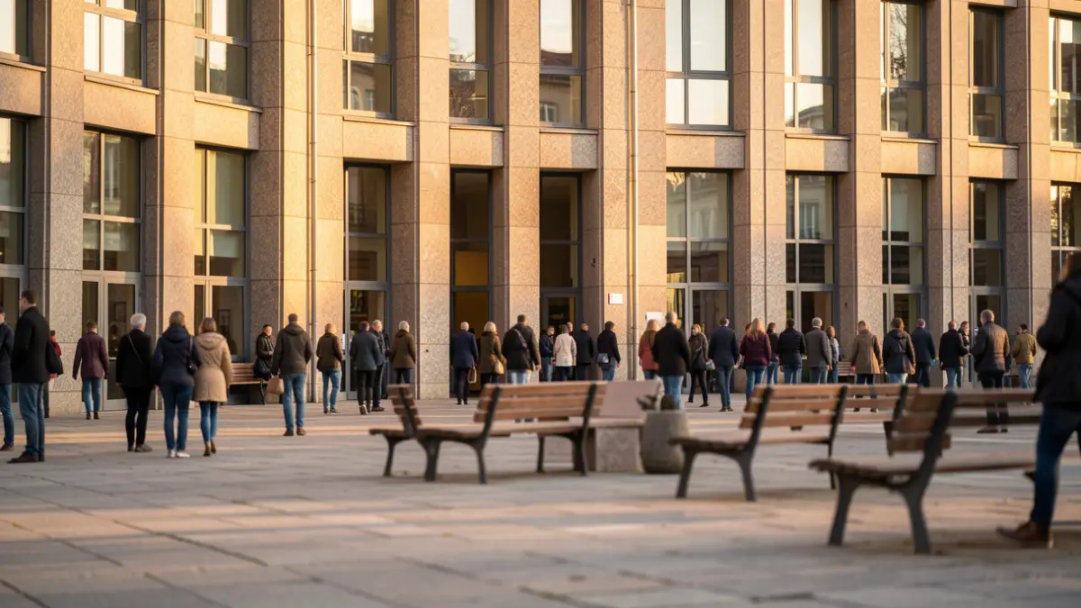 Generic image of a granite municipal building with large windows, under the afternoon sunlight. In the foreground, a stone square with blurred benches.