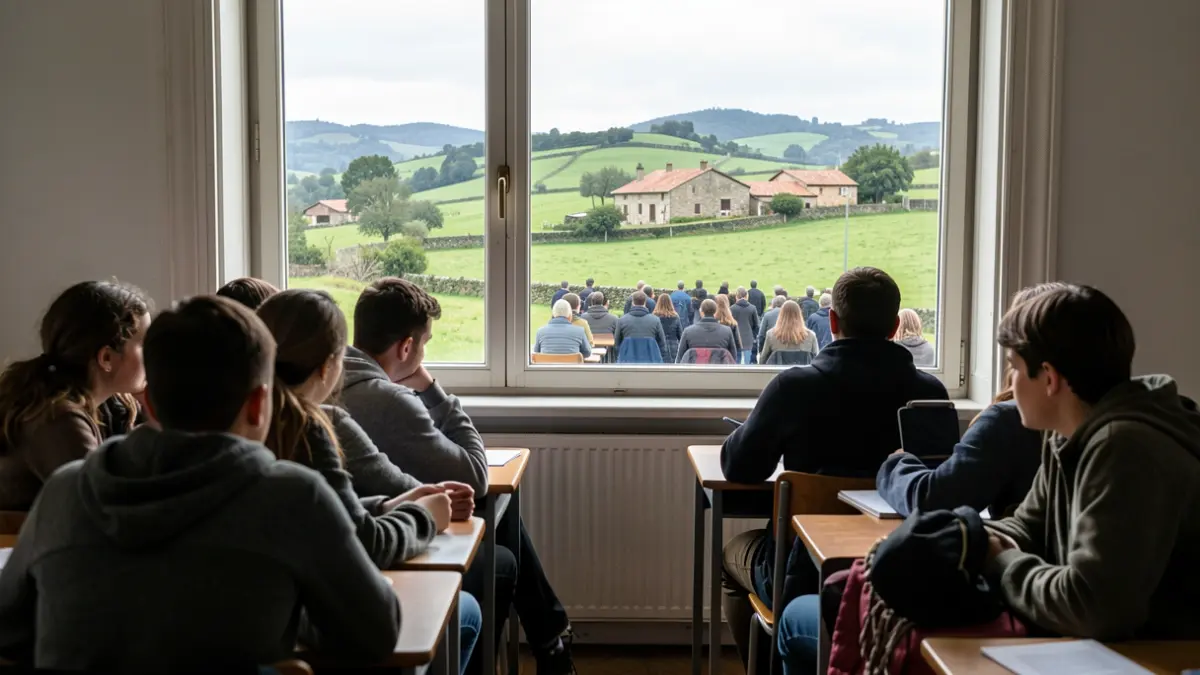 Imagen genérica de estudiantes mirando por una ventana hacia una explotación agrícola en un entorno rural gallego.