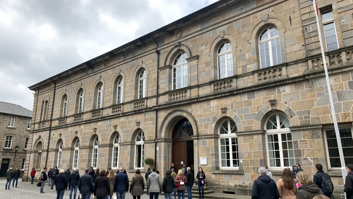 Imaxe xenérica dun edificio universitario de pedra con detalles de granito e ceo nubrado.