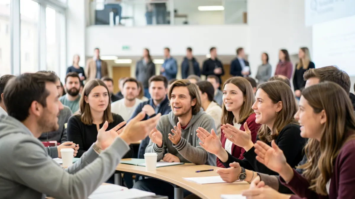 Imagen genérica de estudiantes y profesionales en una sala de conferencias universitaria.